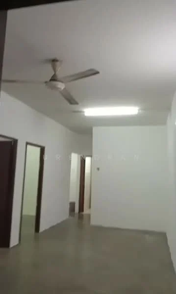Room features: white painted walls, concrete flooring, ceiling fan, fluorescent ceiling lights, doorway leading to another room, doorway to hallway, plain ceiling; style: minimalist.