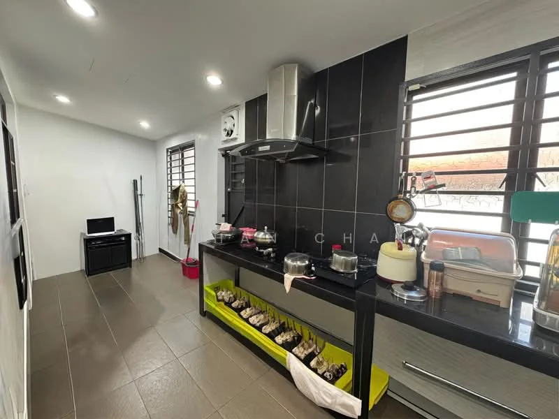 Kitchen features: black tiled backsplash, stainless-steel range hood, black countertop, yellow open shelving, built-in cabinets, ceramic tile flooring, window with horizontal slats, kitchen appliances, sink, stainless-steel kettle, cooking pots, cutlery, small kitchen island, wall-mounted air conditioning unit; style: modern.