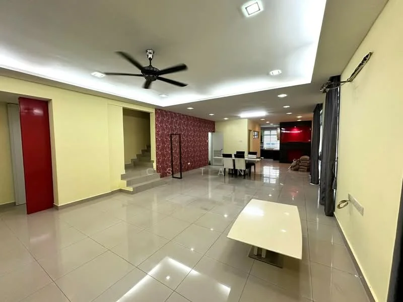 Living features: cream painted walls, red accent wall with pattern, glossy tile flooring, 5-blade ceiling fan with light, recessed downlights, large windows with curtains, open layout, coffee table, staircase leading to upper floor, wall-mounted TV, sofa seating area; style: modern.