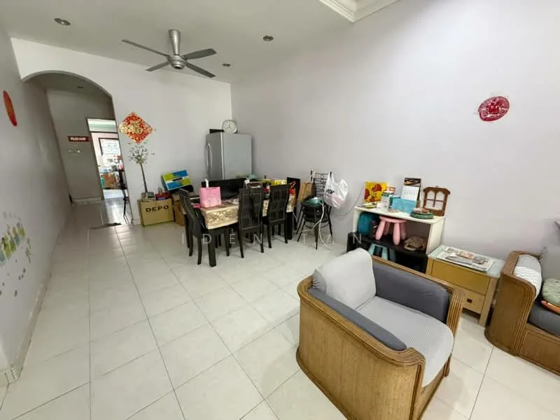 Living features: white painted walls, ceramic tile flooring, 5-blade ceiling fan, sofa with rattan frame, wooden side table, dining table with chairs, refrigerator, decorative wall art, dining area with table settings, open layout, natural light from doorway; style: modern.