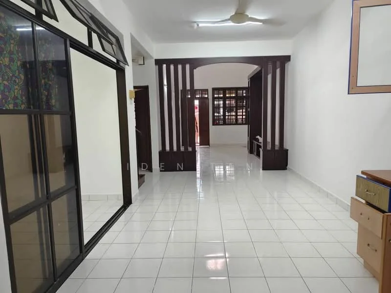 Room features: white painted walls, glossy white tile flooring, ceiling fan, large windows with black frames, wooden feature wall with vertical panels, open layout, natural light from multiple sources, built-in wooden cabinet, doorway leading to another room; style: modern.
