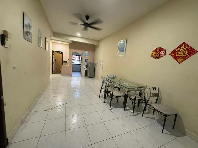 Dining features: glass dining table, 6 dining chairs, white tiled flooring, cream painted walls, ceiling fan, framed artwork on walls, decorative wall hangings, doorway leading to kitchen, window with natural light. Room features: white tiled flooring, cream painted walls, ceiling fan, doorway leading to other rooms, window with natural light.