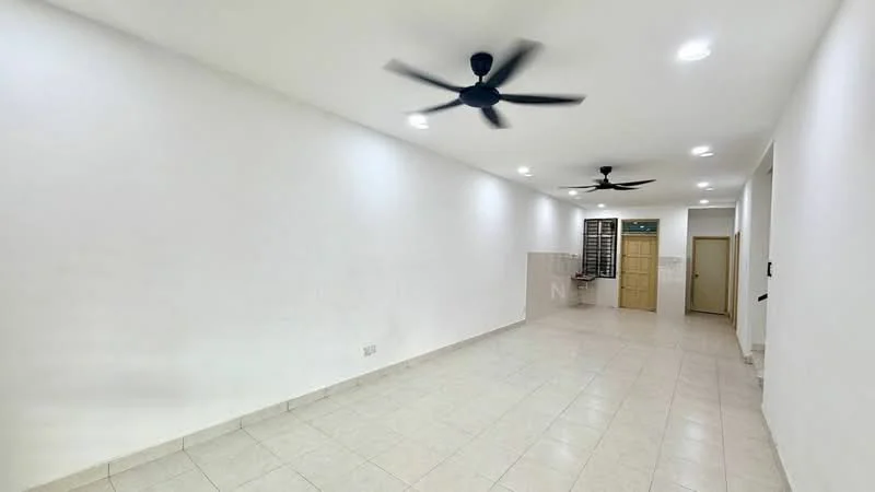 Living features: white painted walls, tile flooring, 2 ceiling fans, recessed downlights, open layout, window with grille, neutral color scheme, kitchen area visible in background; style: modern.