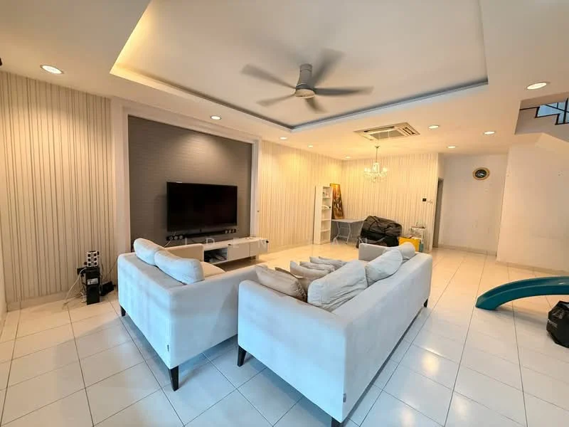 Living features: white fabric 3-seater sofa, white fabric 2-seater sofa, flat-screen TV on wall-mounted console, ceiling fan with light, recessed downlights, tray ceiling, light grey accent wall, white tiled flooring, decorative shelving unit, study desk, black leather armchair, blue slide, air conditioning unit; style: modern.