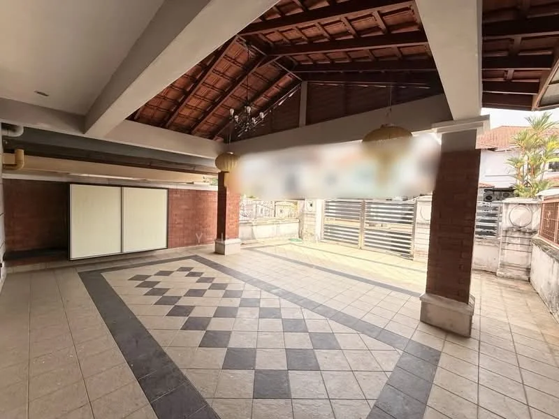 Room features: high ceiling with wooden beams, tiled flooring with geometric pattern, two pendant lights, brick wall, large windows, open space layout, access to outdoor area, neutral wall color; style: modern; view: garden.