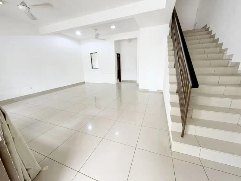 Living features: white painted walls, glossy ceramic tile flooring, recessed downlights, 2 ceiling fans, large windows, open layout, staircase with metal railing, mirror on wall; style: modern.