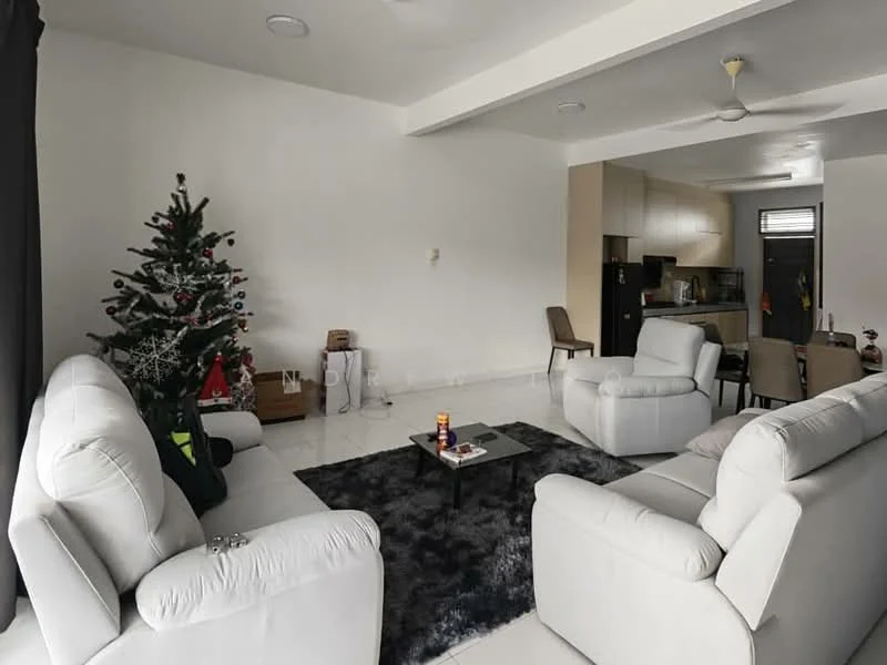 Living features: light grey fabric sofa, 2-seater sofa, 3-seater sofa, black coffee table, area rug with geometric pattern, floor-to-ceiling windows with sheer curtains, ceiling fan, decorative Christmas tree, wall-mounted TV, dining area visible in background, white walls, white tiled flooring; style: modern. Kitchen features: kitchen cabinetry, black appliances, countertop, open layout to living area; style: modern.