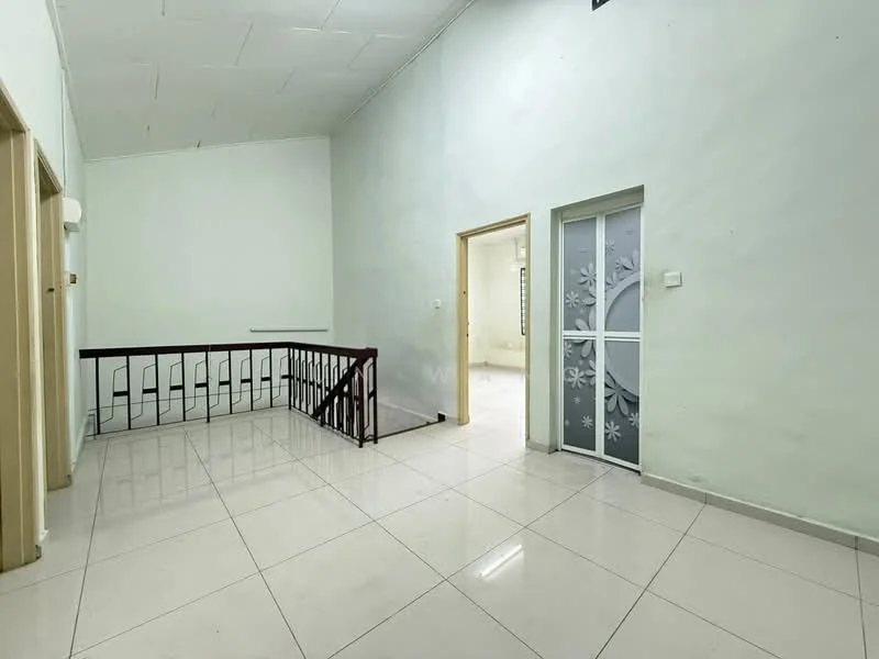 Room features: white painted walls, tile flooring, ceiling with no visible features, wooden railing, doorway leading to another room, large window, neutral color scheme, open space layout; style: modern.