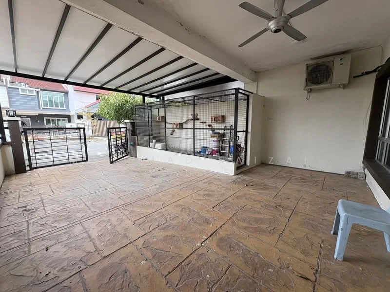 Room features: exposed concrete flooring, ceiling fan, wall-mounted split AC, metal security grille, open space layout, sliding glass door, white walls, outdoor view; style: modern; view: garden.