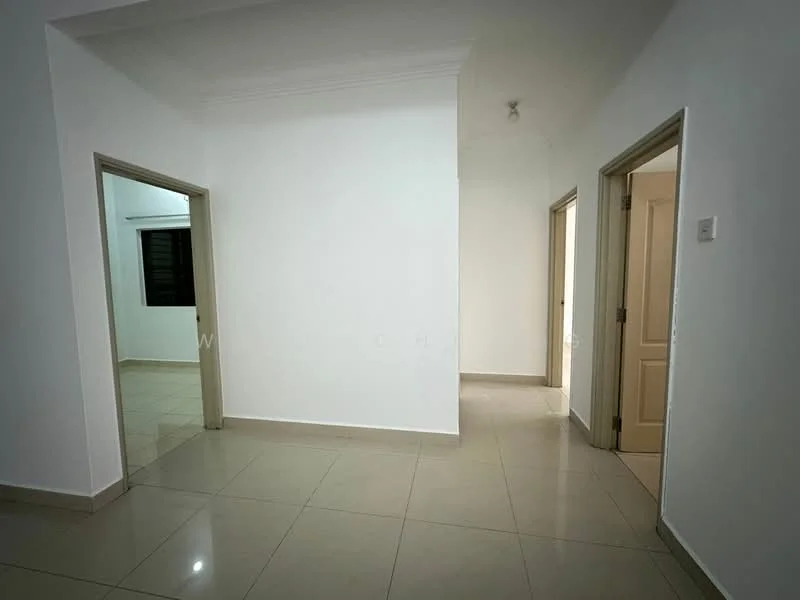 Room features: white painted walls, cream tiled flooring, ceiling with crown moulding, door frames in light beige, two doorways leading to other rooms, one window visible, neutral color scheme, recessed lighting; style: modern.