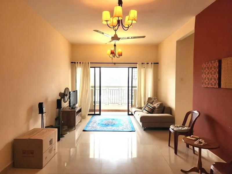 Living features: cream painted walls, red accent wall, white ceiling, 5-blade ceiling fan with light, chandelier, floor-to-ceiling sliding glass door, sheer curtains, light-colored sofa, area rug with geometric pattern, TV console, wall-mounted TV, decorative wall art, coffee table, box in corner; style: modern; view: city.