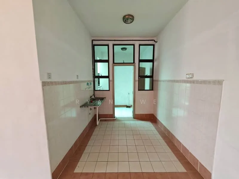 Room features: white painted walls, tile flooring, window with multiple panes, sink with faucet, light fixture on ceiling, open layout, doorway leading to another room.