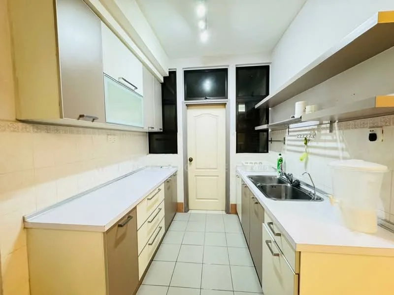 Kitchen features: white laminate cabinetry, grey laminate countertops, double-bowl stainless-steel sink, chrome pull-down faucet, built-in oven, 4-burner gas hob, wall-mounted shelves, tile backsplash, white tiled flooring, recessed ceiling lights, door leading to hallway, window with black frames; style: modern.