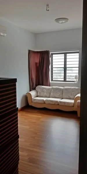 Room features: laminate flooring, light grey painted walls, window with horizontal slats, curtains in dark red, sofa with cream upholstery, 1 wall-mounted split AC, ceiling light fixture; style: modern; view: city.