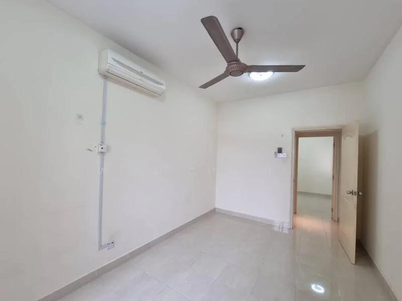 Room features: white painted walls, polished ceramic tile flooring, 5-blade ceiling fan, wall-mounted split AC, door leading to another room, light fixture in ceiling; style: modern.