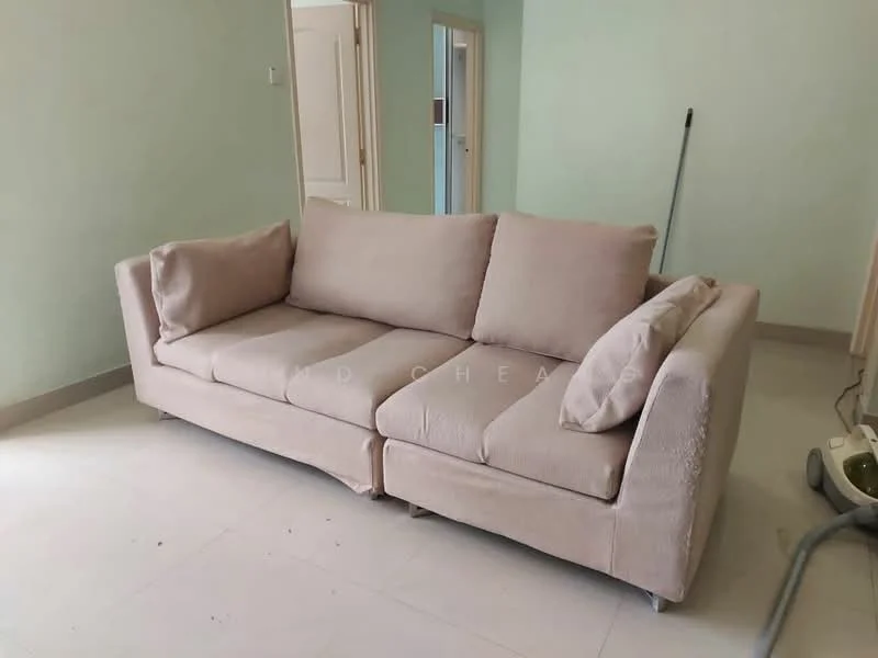 Living features: beige fabric sofa, 2-seater sofa, cushions, light-colored walls, neutral tile flooring, doorway leading to another room, vacuum cleaner visible, minimalist decor; style: modern.