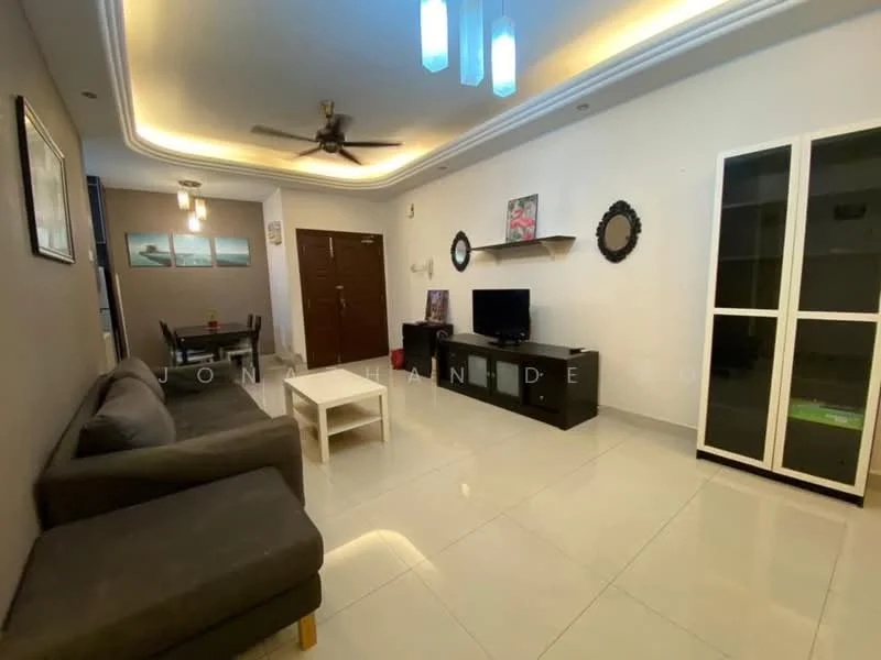 Living features: grey fabric sofa, white coffee table, black TV console, wall-mounted TV, recessed downlights, ceiling fan, cream painted walls, glossy tile flooring, decorative mirrors, framed artwork, open shelving unit; style: modern.