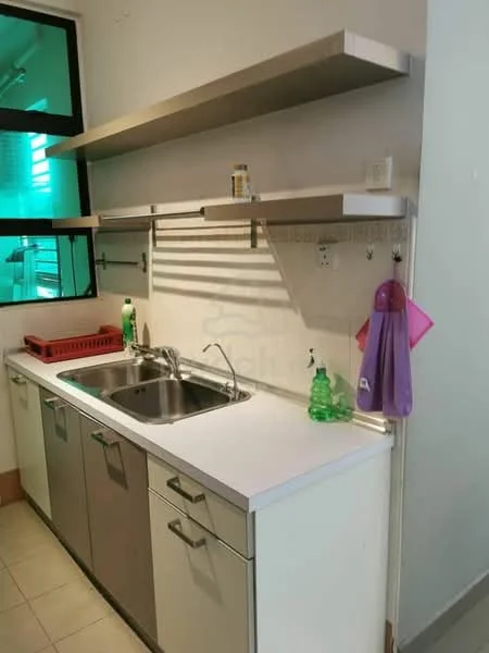 Kitchen features: single-bowl stainless-steel sink, chrome pull-down faucet, white countertop, grey cabinetry, open shelving above countertop, tile flooring, green dish soap, red dish rack, purple kitchen towel, green cleaning spray, wall-mounted power outlet, window with green view; style: modern.