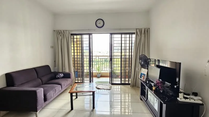 Living features: grey fabric 3-seater sofa, wood coffee table, black TV console, wall-mounted TV, floor-to-ceiling windows, sliding glass door, sheer curtains, ceramic tile flooring, white painted walls, clock on wall, decorative plant on balcony; style: modern; view: city.