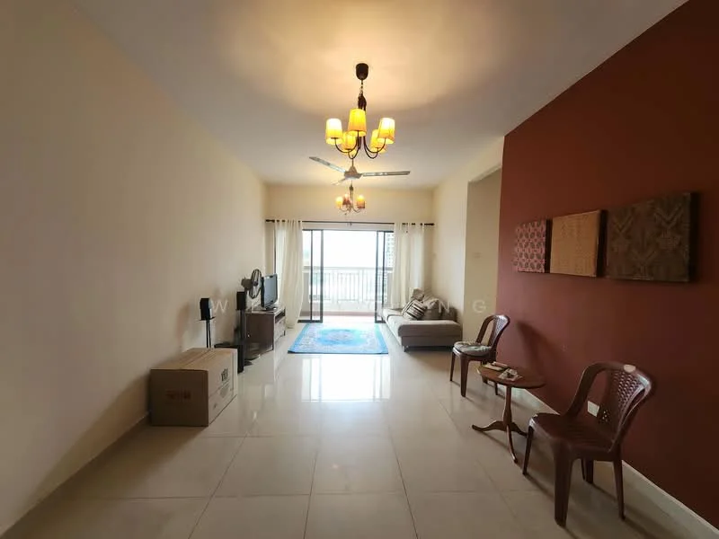 Living features: cream painted walls, red accent wall, marble tile flooring, 5-blade ceiling fan with light, chandelier, floor-to-ceiling sliding glass door, balcony access, sofa, coffee table, TV console, area rug, decorative wall art, two chairs; style: modern; view: city.