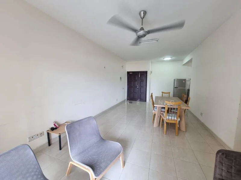 Living features: light grey tiled flooring, white painted walls, ceiling fan, dining table with chairs, refrigerator, two grey chairs, wall-mounted light, doorway to other rooms.