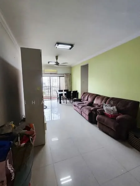 Living features: brown fabric sectional sofa, white tiled flooring, green painted walls, ceiling fan, recessed ceiling lights, large window with sheer curtains, dining table with chairs, decorative wall, open layout; style: modern.