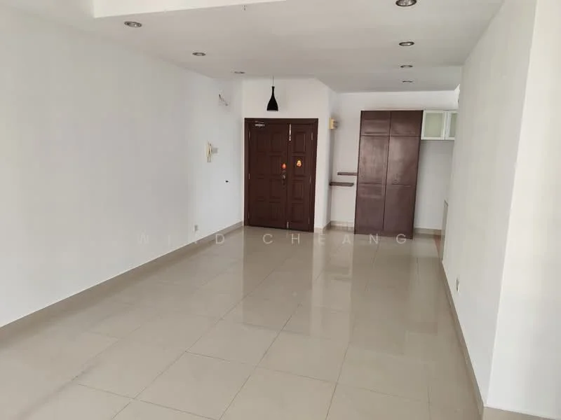 Room features: white painted walls, glossy beige floor tiles, recessed downlights, single pendant light, wooden door, built-in cabinetry, open layout, no visible furniture; style: modern.