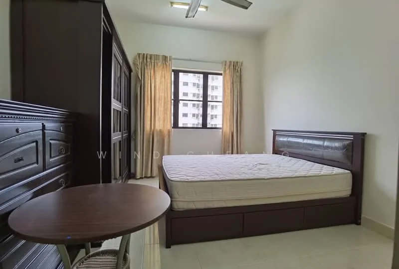 Bedroom features: queen-size bed, wooden bed frame, wooden wardrobe with glass doors, round wooden table, floor-to-ceiling window, sheer curtains, ceiling fan, light-colored walls, tile flooring; style: modern.