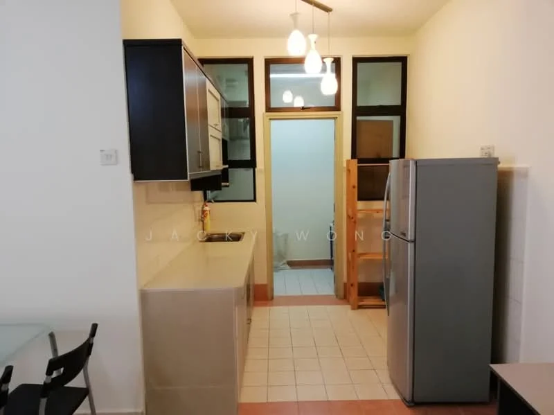 Kitchen features: grey cabinetry, white countertop, stainless-steel fridge, built-in oven, 4-burner gas hob, single-bowl stainless-steel sink, chrome pull-down faucet, tile flooring, pendant lighting, floor-to-ceiling windows, open shelving, wooden pantry, dining table with chairs; style: modern.