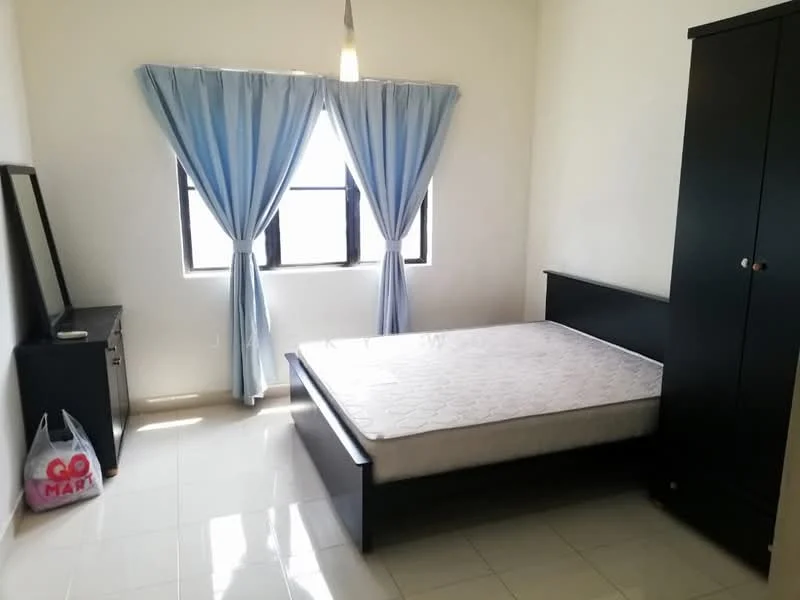 Bedroom features: queen-size bed, black wooden bed frame, white mattress, black wardrobe, black dresser, floor-to-ceiling windows, blue curtains, white painted walls, glossy tile flooring, pendant light fixture; style: modern.