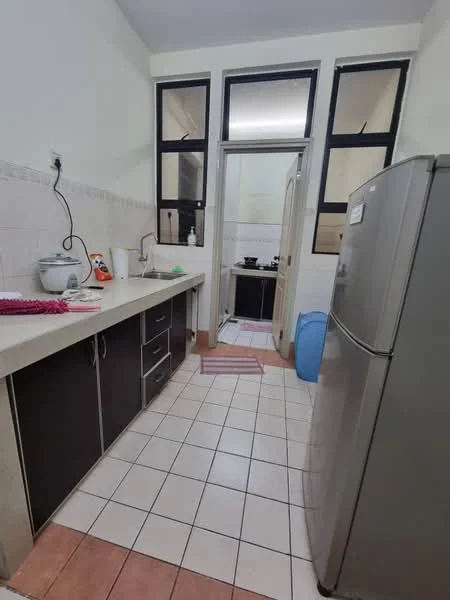 Kitchen features: ceramic tile flooring, white walls, grey cabinetry, stainless-steel fridge, single-bowl stainless-steel sink, chrome pull-down faucet, countertop with space for appliances, window with black frames, kitchen door leading to another room; style: modern.
