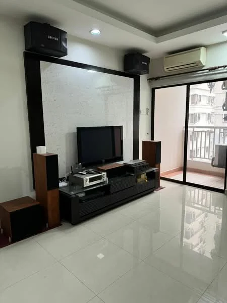 Living features: white painted walls, polished ceramic tile flooring, recessed downlights, wall-mounted TV, black entertainment unit, two wooden speaker cabinets, air conditioning unit, sliding glass door to balcony, balcony view, decorative wall panel, black accent wall; style: modern; view: city.