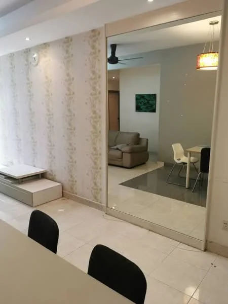 Room features: white painted walls with floral wallpaper, mirror wall, tile flooring, ceiling fan, recessed lighting, dining table with black chairs, sofa in beige, decorative pendant light, open layout, area rug, coffee table, green artwork on wall; style: modern.