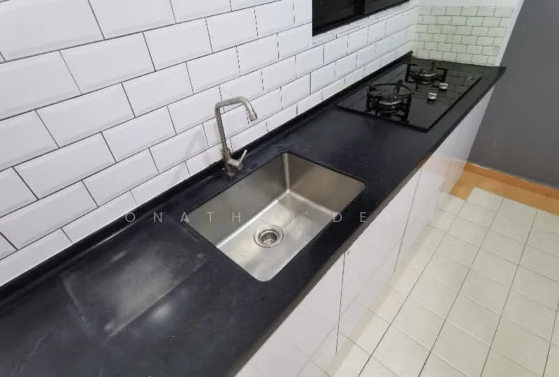 Kitchen features: single-bowl stainless-steel sink, chrome pull-down faucet, black granite countertop, white subway tile backsplash, gas cooktop with two burners, white cabinetry, ceramic tile flooring, window above sink; style: modern.