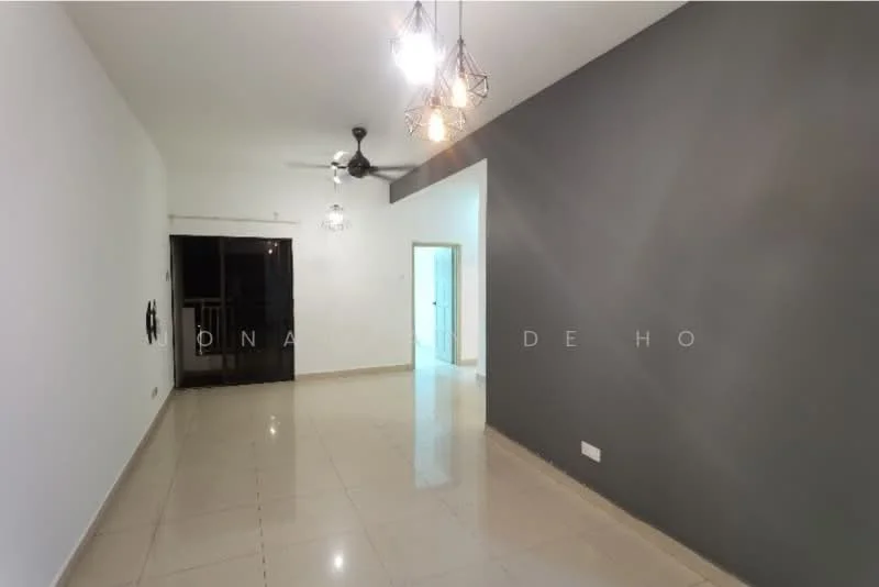 Living features: white painted walls, grey accent wall, polished ceramic tile flooring, 5-blade ceiling fan, 3 pendant lights, sliding glass door, floor-to-ceiling windows, open layout; style: modern.