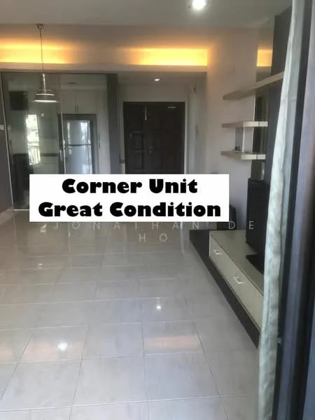 Living features: white painted walls, glossy tile flooring, recessed downlights, built-in shelving unit, TV console, floor-to-ceiling windows, sliding glass door, open layout, neutral color palette; style: modern.