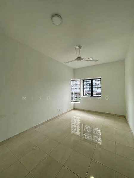 Room features: white painted walls, glossy tile flooring, ceiling light, 5-blade ceiling fan, floor-to-ceiling window, natural light from window; style: modern; view: city.
