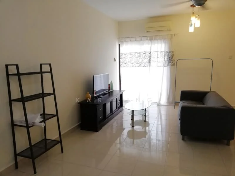 Living features: grey leather sofa, glass coffee table, black TV console, wall-mounted TV, floor-to-ceiling windows, sheer curtains, 1 ceiling fan with light, white painted walls, glossy tile flooring, open layout; style: modern.