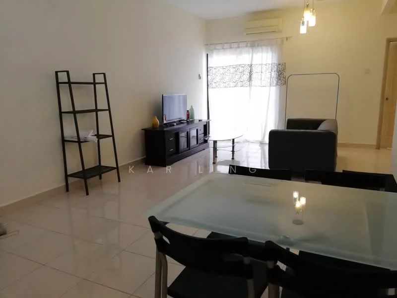 Living features: grey fabric sofa, black TV console, wall-mounted TV, glass dining table, black dining chairs, light-colored walls, tile flooring, air conditioning unit, curtains with geometric pattern, shelf unit, decorative items on console; style: modern.
