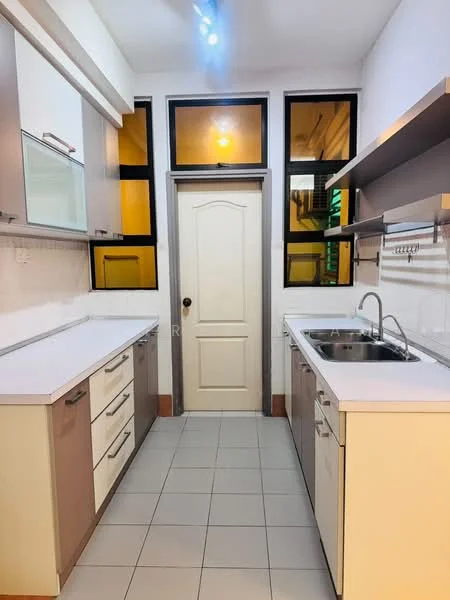 Kitchen features: white laminate cabinetry, grey lower cabinets, stainless-steel sink, chrome pull-down faucet, white quartz countertop, tile backsplash, built-in shelving, wall-mounted hooks, ceramic tile flooring, recessed downlights, two windows, white door; style: modern.