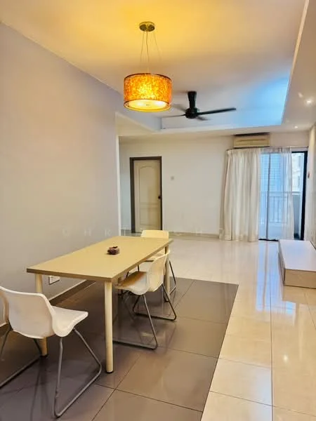 Dining features: dining table with four chairs, pendant light fixture, ceiling fan, white walls, grey accent wall, tile flooring, large window with sheer curtains, sliding glass door leading to balcony; style: modern.