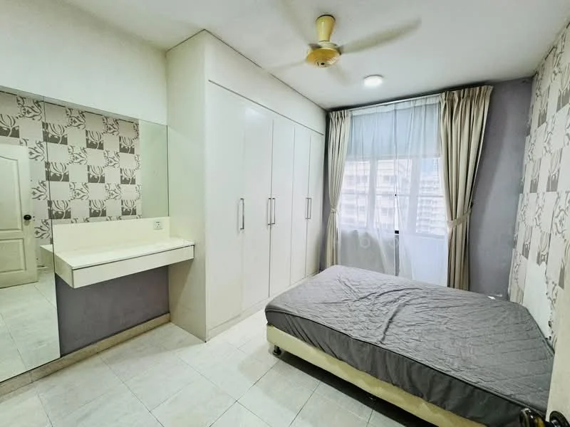 Bedroom features: queen-size bed with grey bedding, built-in wardrobe with sliding doors, vanity table with mirror, floor-to-ceiling window with sheer curtains, light-colored wall with floral wallpaper, plain light grey wall, ceiling fan, tile flooring; style: modern; view: city.