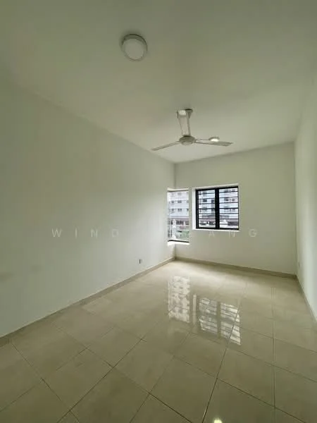 Room features: white painted walls, glossy ceramic tile flooring, ceiling fan, two windows, natural light, neutral color scheme, no visible furniture, smooth ceiling; style: modern; view: city.