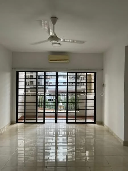 Room features: white painted walls, glossy ceramic tile flooring, 5-blade ceiling fan, wall-mounted air conditioning unit, black metal grille windows, floor-to-ceiling windows, balcony view, natural light from windows; style: modern; view: garden.