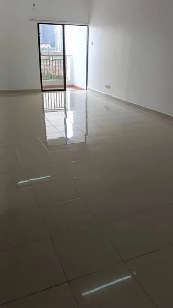 Room features: glossy ceramic tile flooring, white painted walls, sliding glass door leading to balcony, natural light from balcony, no visible furniture or decor; style: modern; view: city.