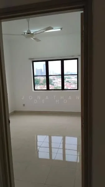 Room features: white painted walls, glossy ceramic tile flooring, 5-blade ceiling fan, floor-to-ceiling windows, city view, natural light, neutral color scheme; style: modern; view: city.