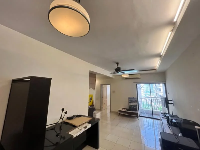 Living features: white painted walls, tile flooring, 5-blade ceiling fan, recessed LED downlights, large sliding glass door, balcony access, black TV console, dark wood desk, wall-mounted TV, natural light from balcony; style: modern; view: city.