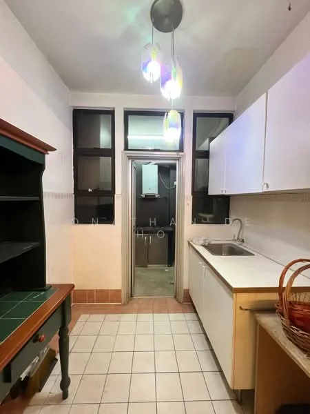 Kitchen features: white cabinetry, single-bowl stainless-steel sink, chrome pull-down faucet, countertop with beige surface, tile backsplash, ceramic tile flooring, 3-blade ceiling fan, hanging pendant lights, two windows, doorway leading to another room.