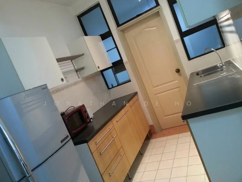 Kitchen features: stainless-steel fridge, built-in oven, microwave, single-bowl stainless-steel sink, chrome pull-down faucet, black countertop, light wood cabinetry, white upper cabinets, tile backsplash, white tiled flooring, window with black frames, door with panel design; style: modern.