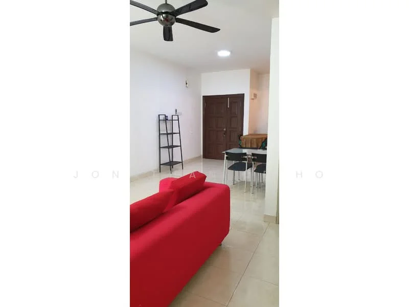 Living features: red fabric sofa, ceiling fan, tile flooring, white painted walls, dining table with chairs, black metal shelving unit, light fixture in ceiling, door with wooden finish; style: modern.